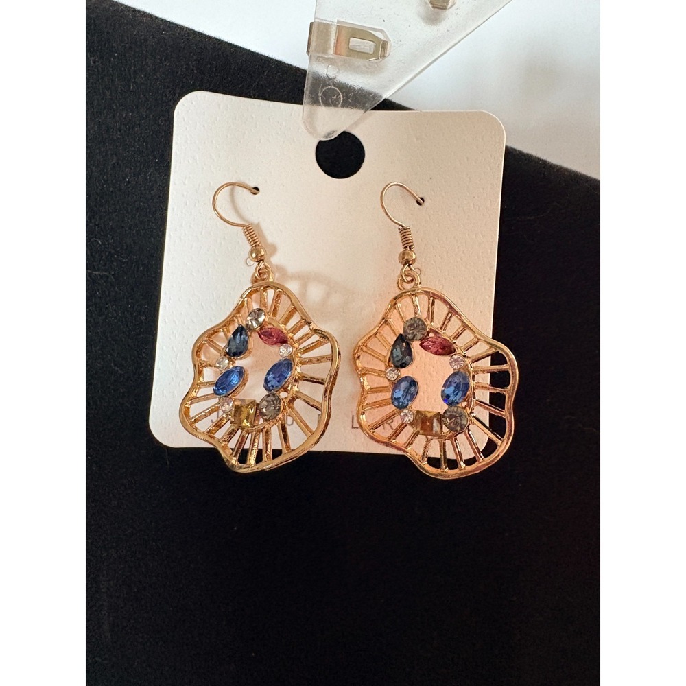 Boho Gold Tone Floral Openwork Dangle Earrings Multicolor Rhinestones Hook